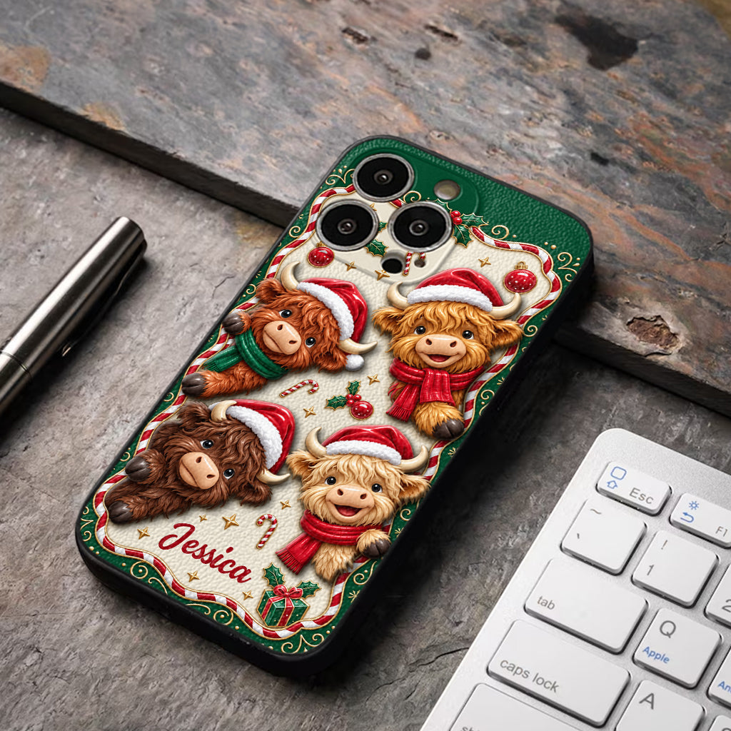 Merry Christmas Cute Highland Cows - Personalized Highland Cow 3D Embossed Leather Phone Case