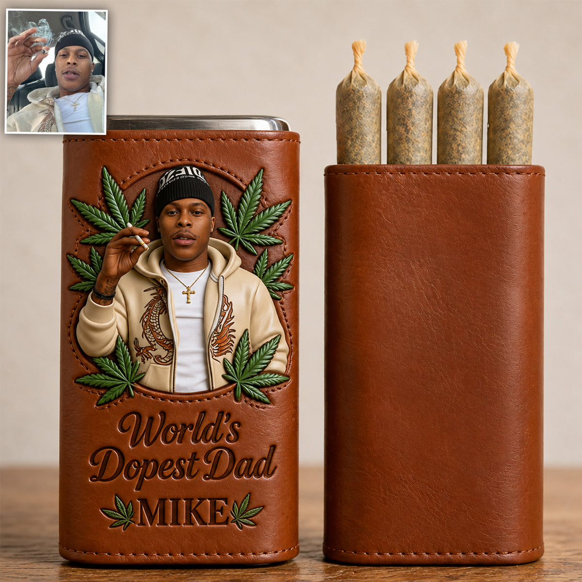Cannabis-Liebhaber, der coolste Papa der Welt - Personalisierte Weed Leder Pre-Roll Humidor Box