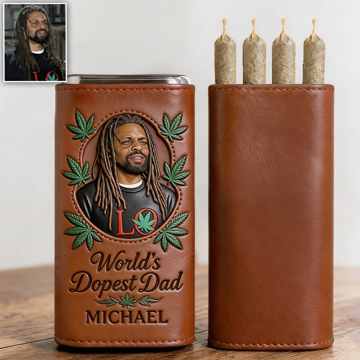Cannabis-Liebhaber, der coolste Papa der Welt - Personalisierte Weed Leder Pre-Roll Humidor Box