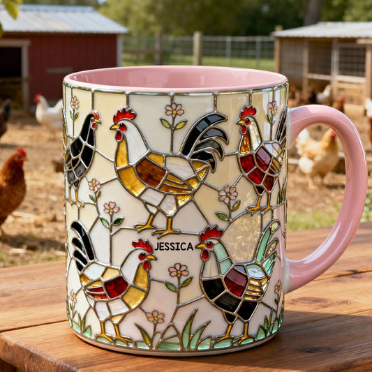 Hühnerfarm – Personalisierte Tasse und Untersetzer mit Hühnermotiv