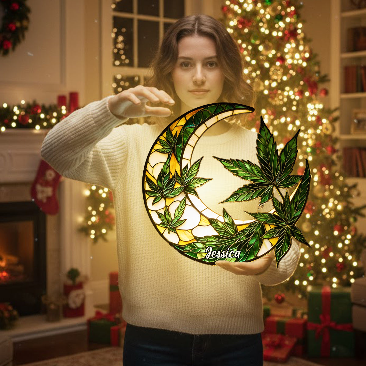 Mond und Blätter – Personalisiertes Acryl-Schild mit LED-Beleuchtung zum Thema Cannabis