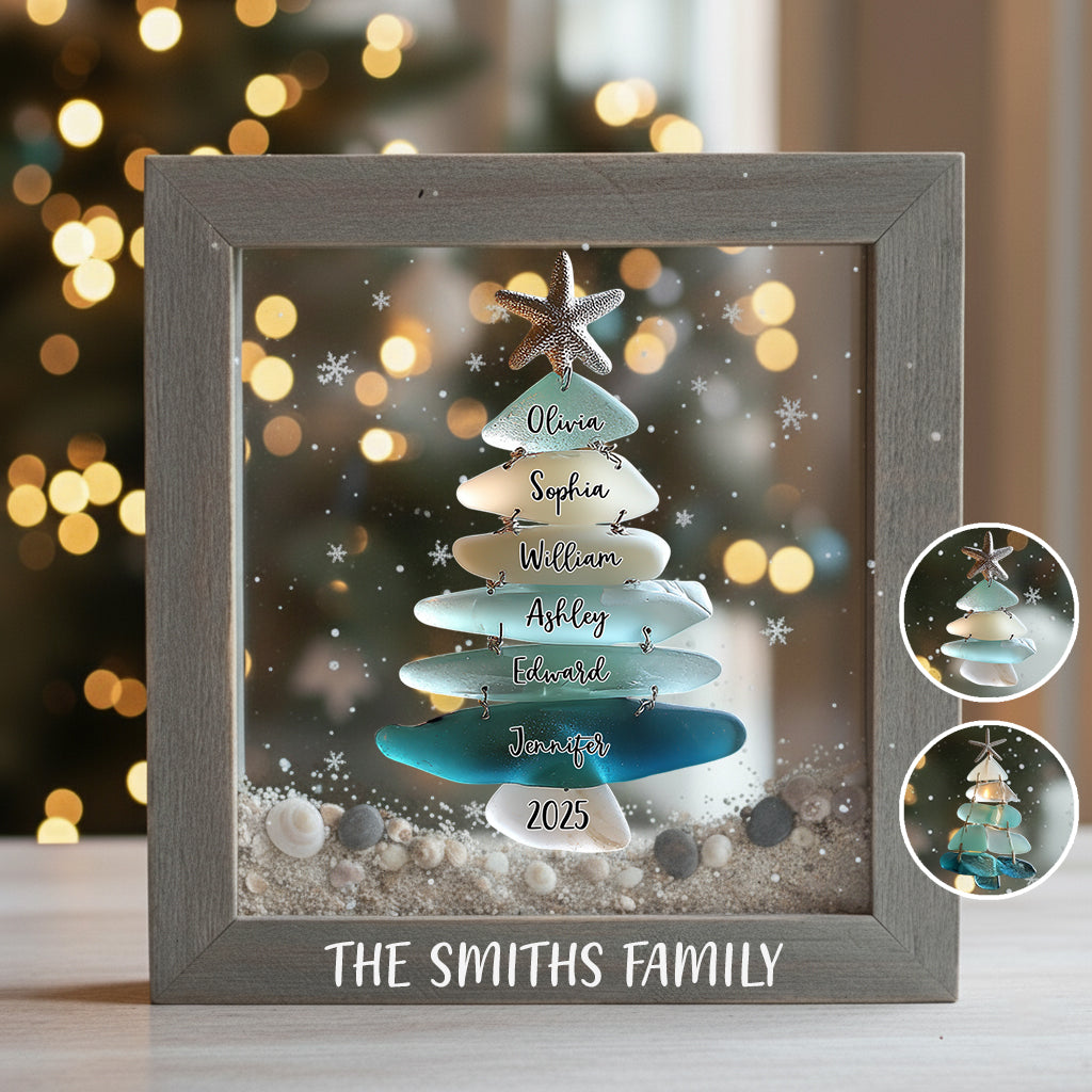 Weihnachtsbaum aus Treibglas für die Familie – Personalisierte Acrylplakette in individueller Familienform