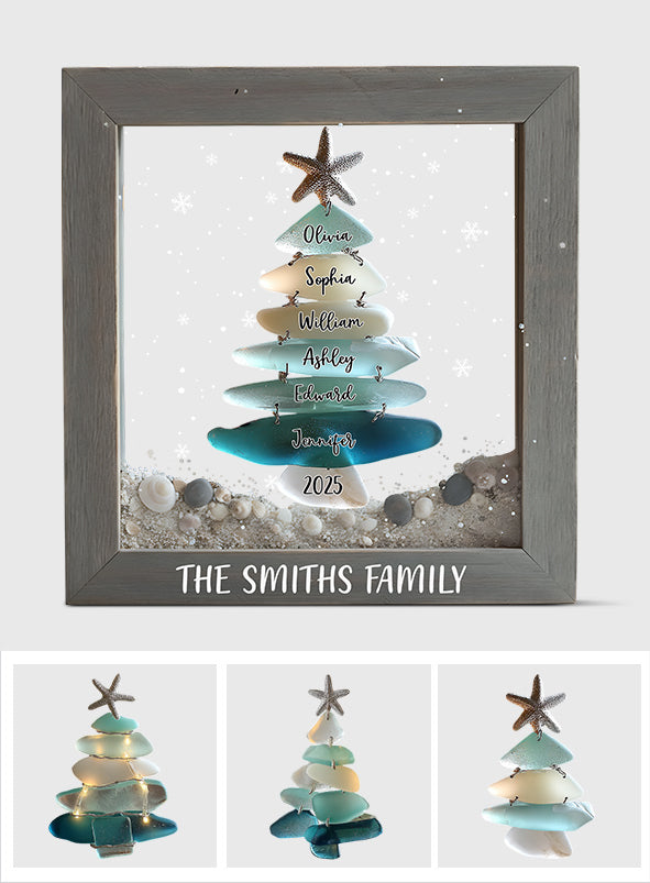 Weihnachtsbaum aus Treibglas für die Familie – Personalisierte Acrylplakette in individueller Familienform