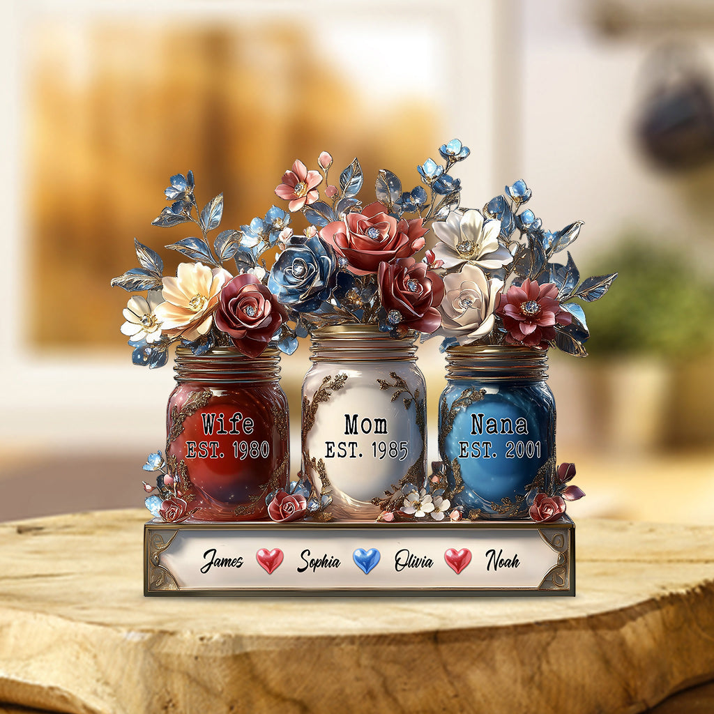 Blumenvase für Ehefrau, Mutter und Oma – personalisierte Acrylplakette in individueller Form