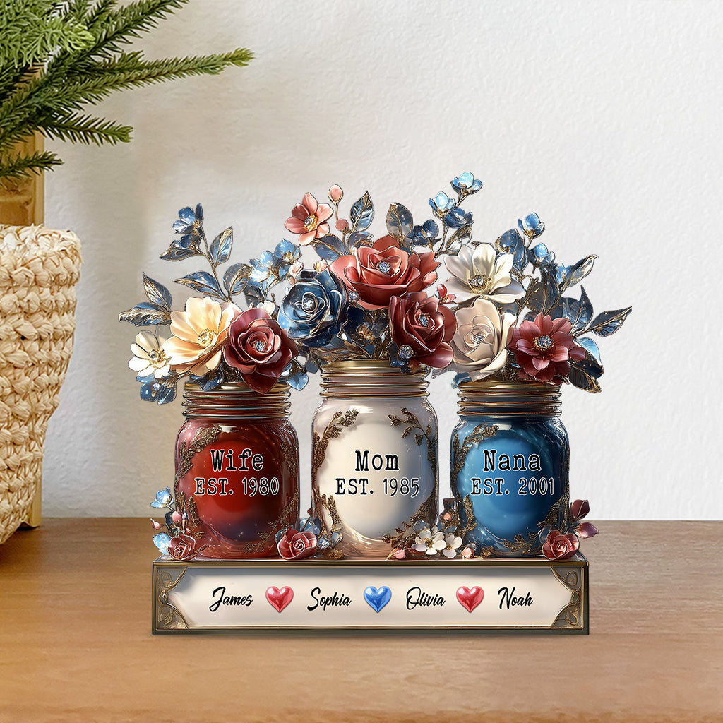 Blumenvase für Ehefrau, Mutter und Oma – personalisierte Acrylplakette in individueller Form