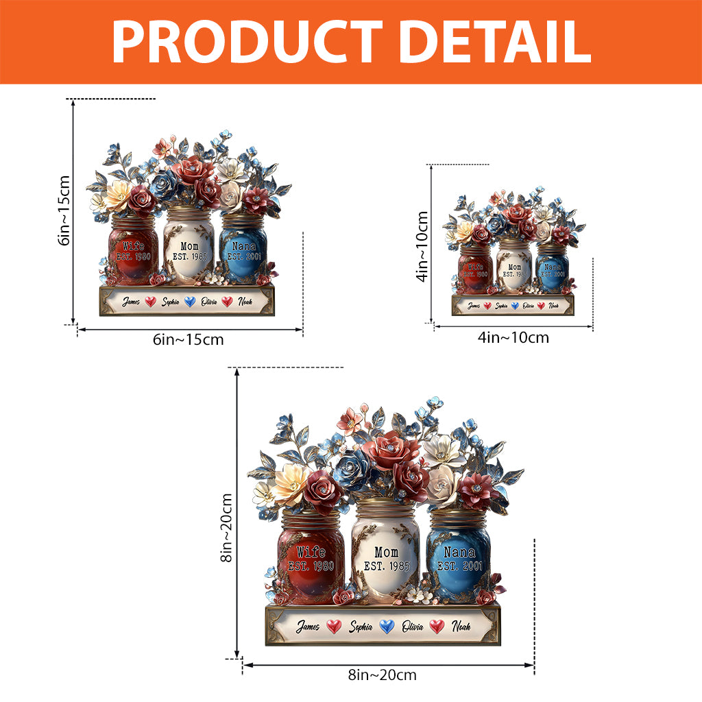 Blumenvase für Ehefrau, Mutter und Oma – personalisierte Acrylplakette in individueller Form