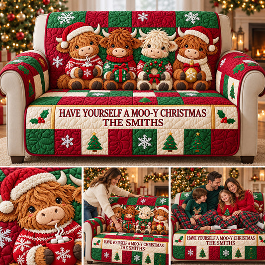 Moo-y Weihnachten - Personalisierte Highland Cow Quilted Sofa/Couch Abdeckung