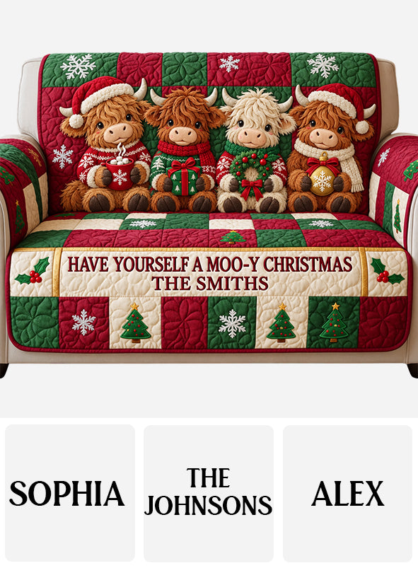 Moo-y Christmas - Personalized Highland Cow Quilted Sofa/Couch Cover