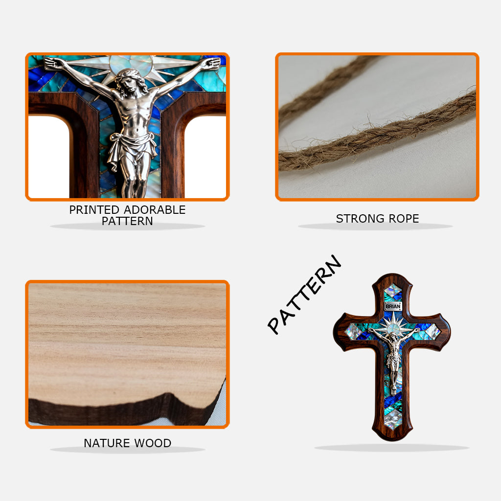 Kreuz im Perlmutt-Stil – personalisiertes christliches Holzschild in individueller Form