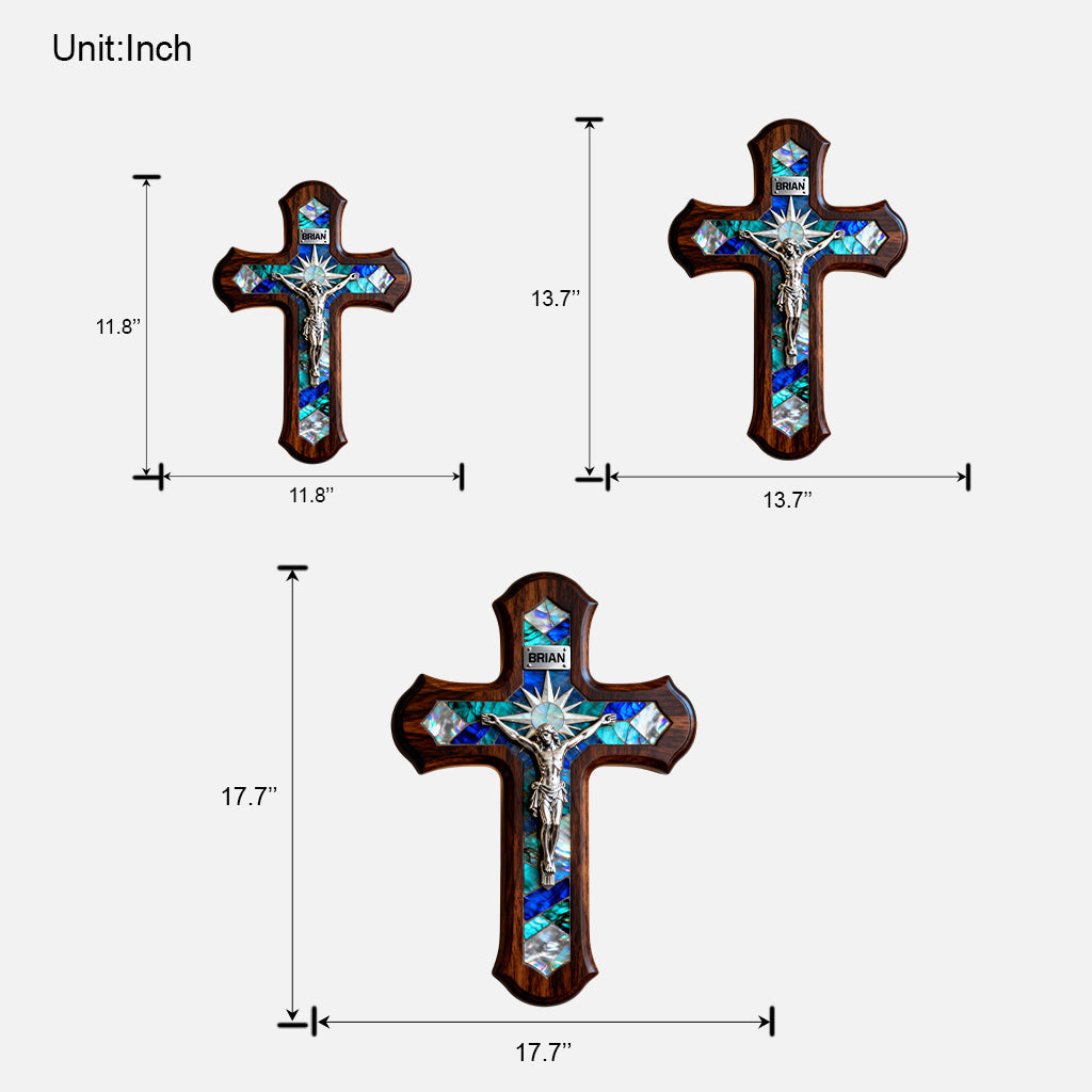 Kreuz im Perlmutt-Stil – personalisiertes christliches Holzschild in individueller Form
