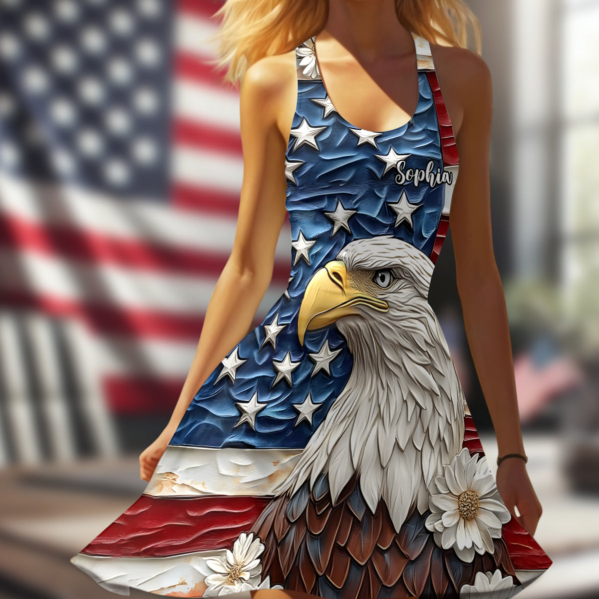 Gott segne Amerika – Personalisiertes ärmelloses Kleid mit Weißkopfseeadler