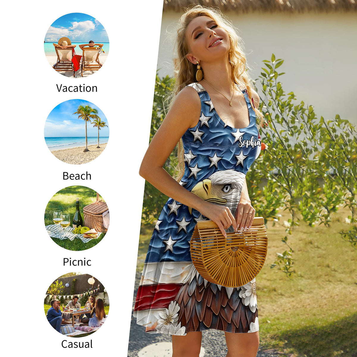 Gott segne Amerika – Personalisiertes ärmelloses Kleid mit Weißkopfseeadler