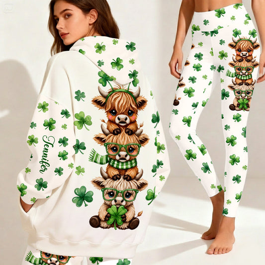 St. Patrick's Day Highland Cow - Personalisierter Highland Cow Hoodie und Leggings