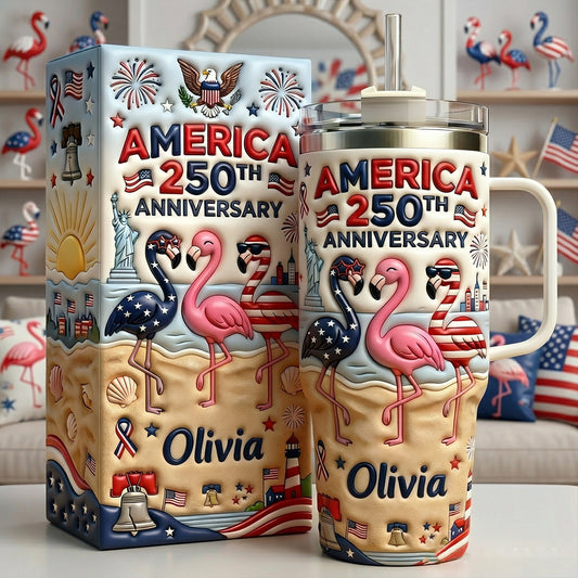 Patriotic Flamingo - Personalized Flamingo Tumbler With Handle