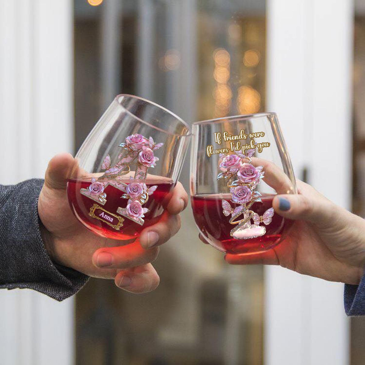 Wenn Freunde Blumen wären, würde ich dich pflücken – Personalisiertes Weinglas mit der Aufschrift „Beste Freundin“.