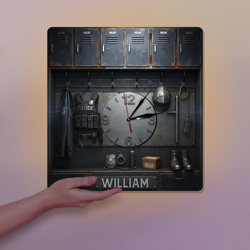 Dienen und Schützen – Kunst für den Spind der Polizei – Personalisierte LED-Wanduhr für Polizeibeamte