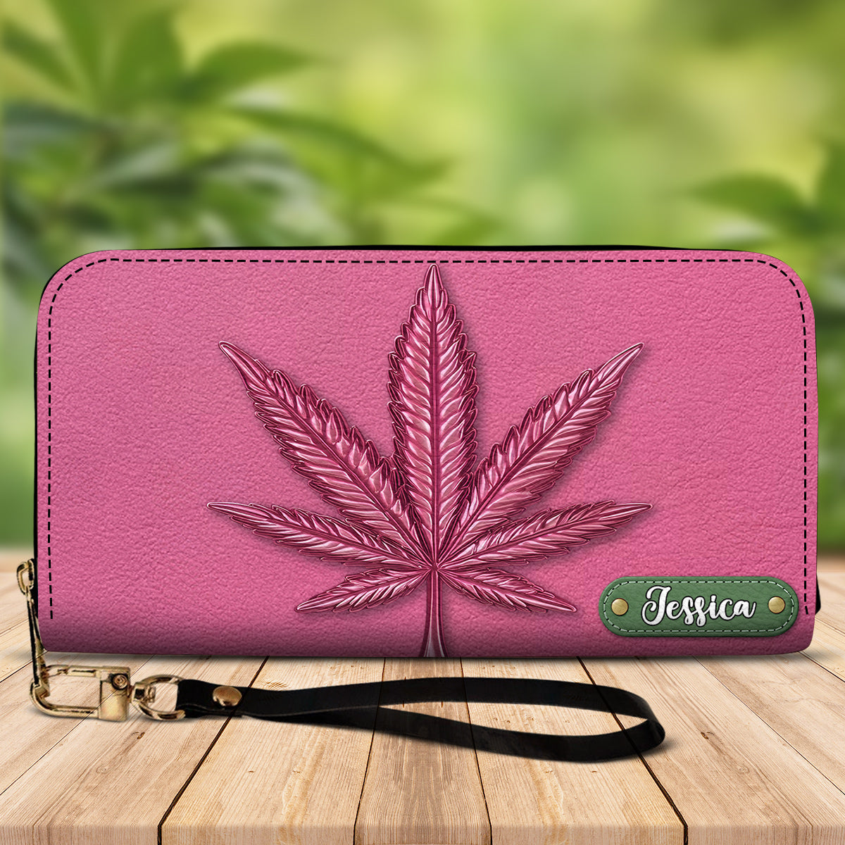 Pink Stoner Chic – Personalisierte Ledergeldbörse im Weed-Stil