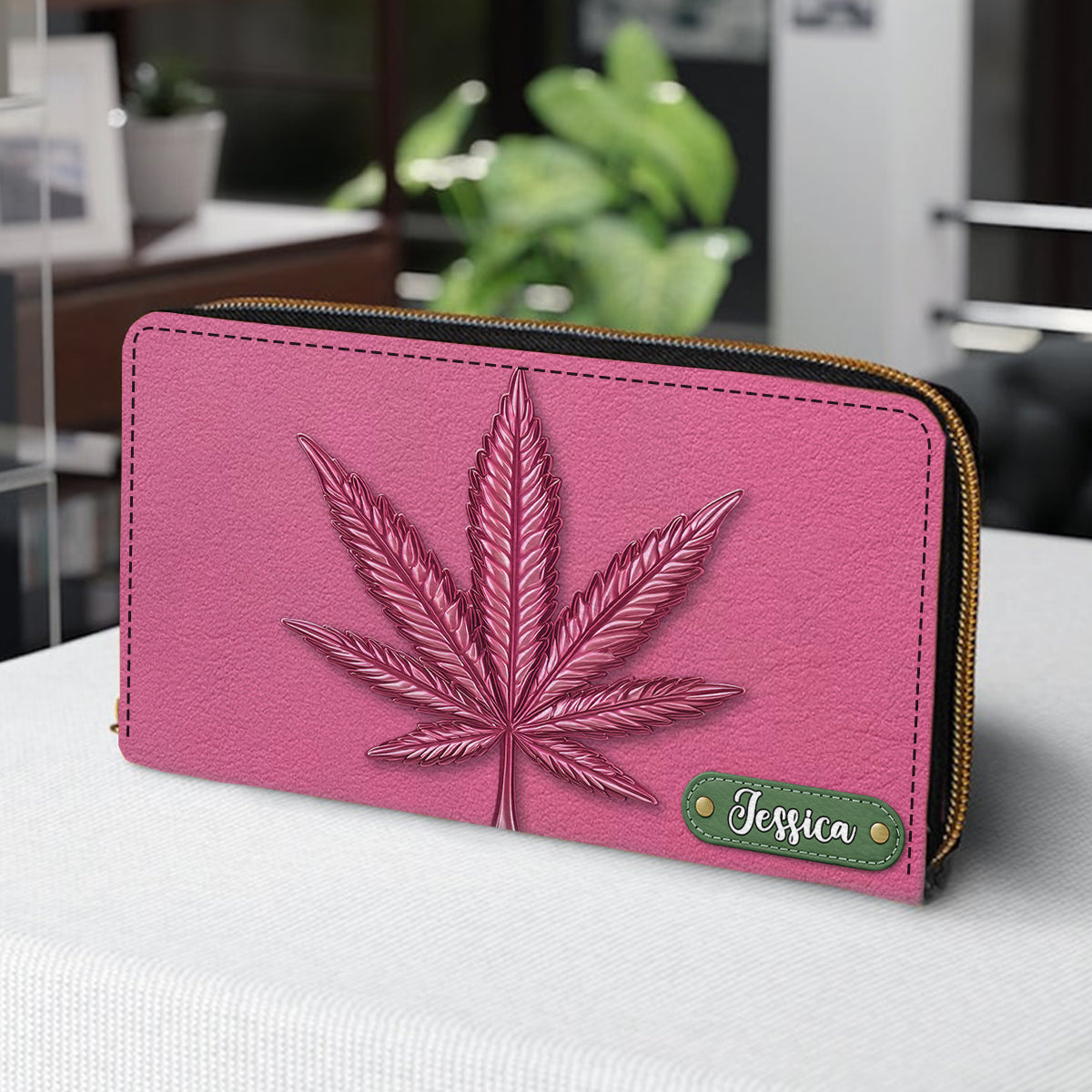 Pink Stoner Chic – Personalisierte Ledergeldbörse im Weed-Stil