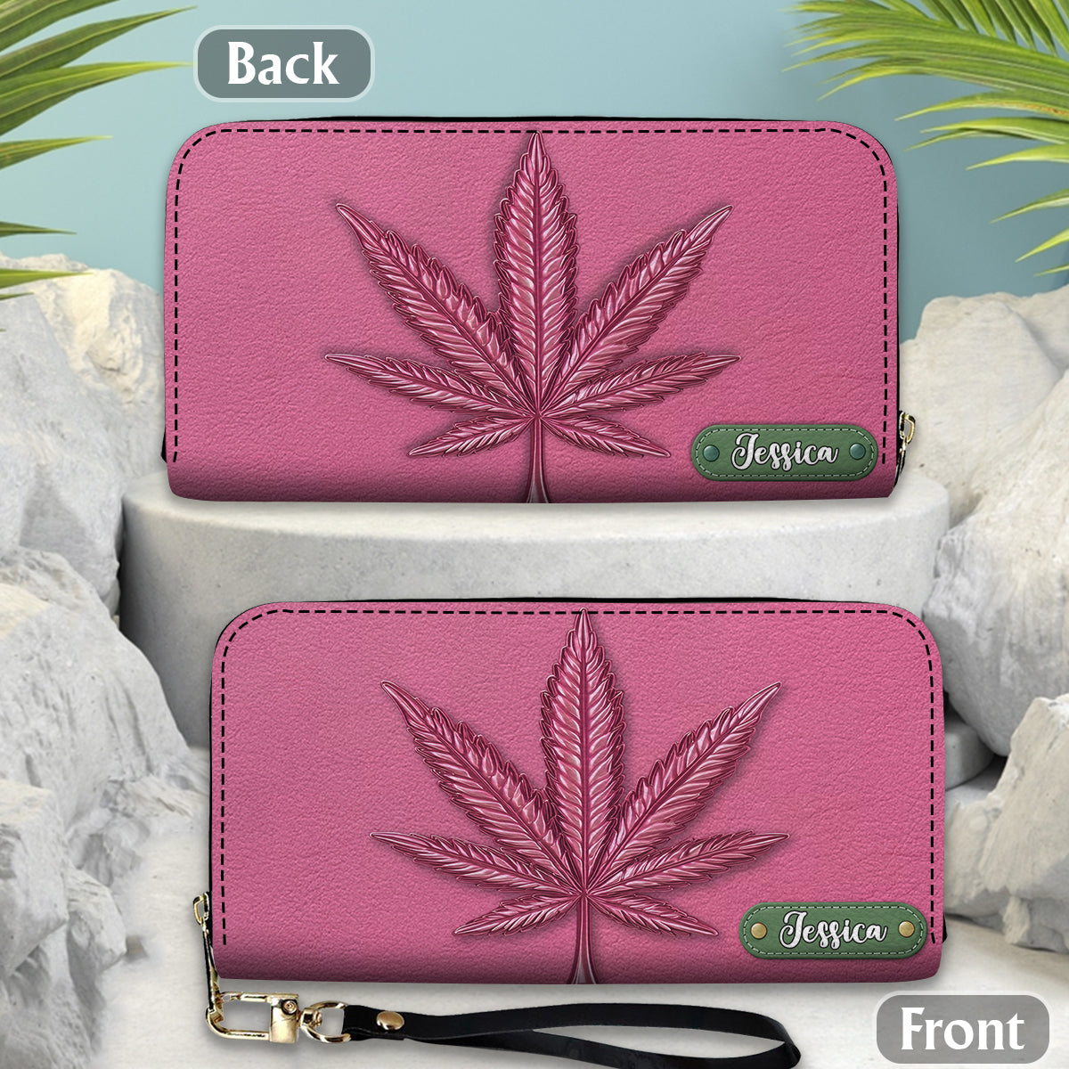 Pink Stoner Chic – Personalisierte Ledergeldbörse im Weed-Stil