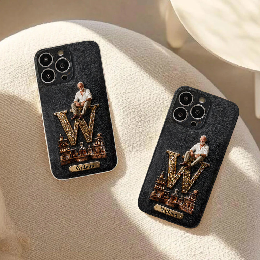Alphabet Initial For Whiskey, Bourbon... Lovers - Personalized Whisky 3D Embossed Leather Phone Case