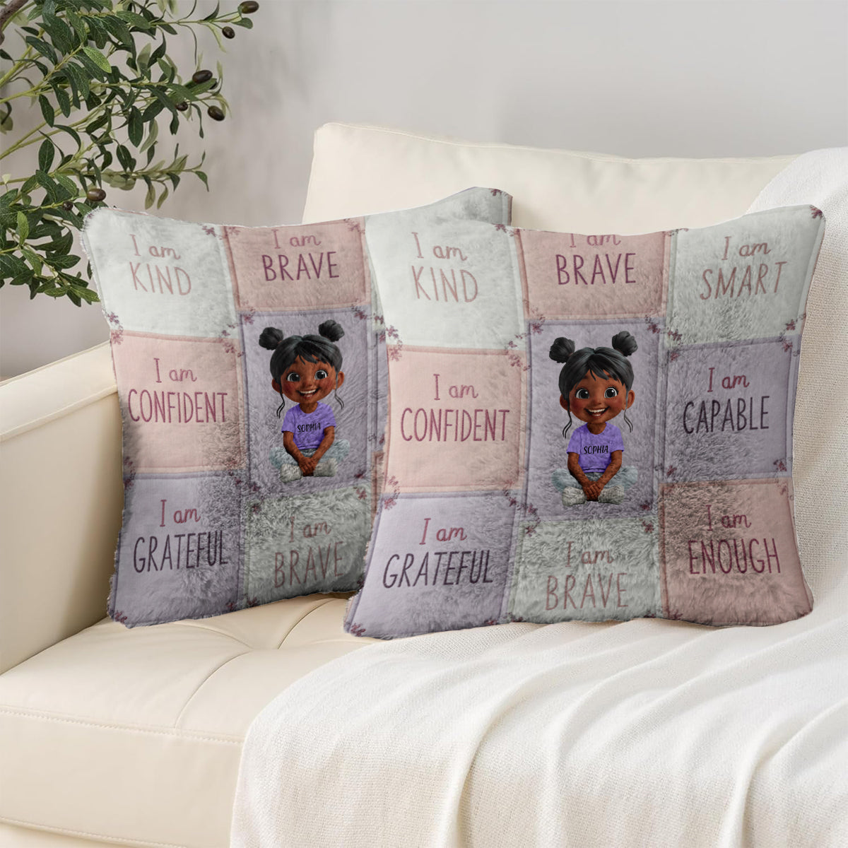 Ich bin freundlich – Affirmationsgeschenk für Kinder – Personalisiertes quadratisches Kissen aus Kunstfell