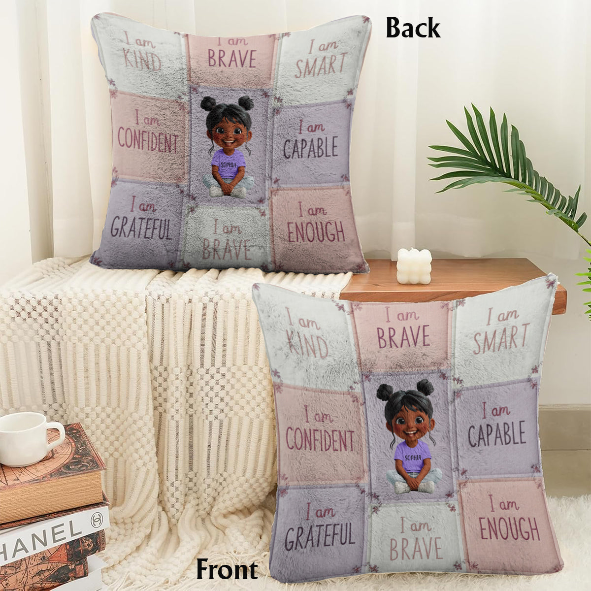 Ich bin freundlich – Affirmationsgeschenk für Kinder – Personalisiertes quadratisches Kissen aus Kunstfell