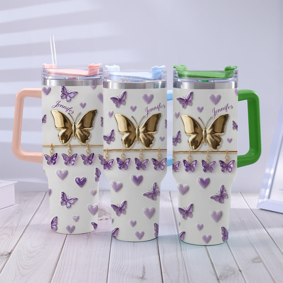Love Butterfly - Personalized Butterfly Tumbler With Handle