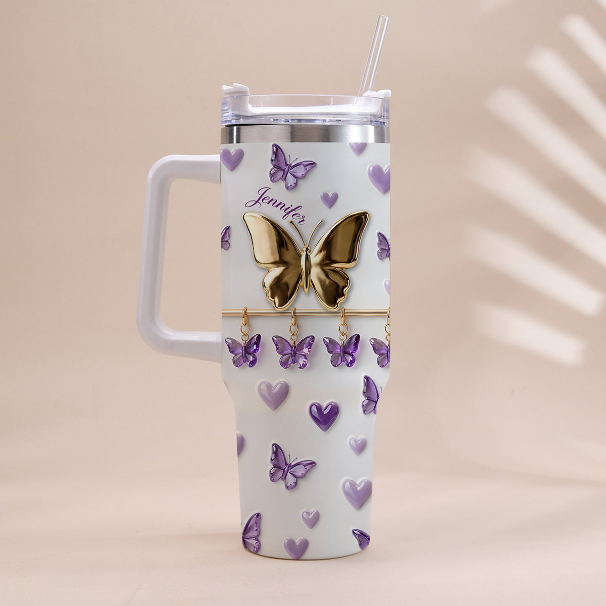 Love Butterfly - Personalized Butterfly Tumbler With Handle