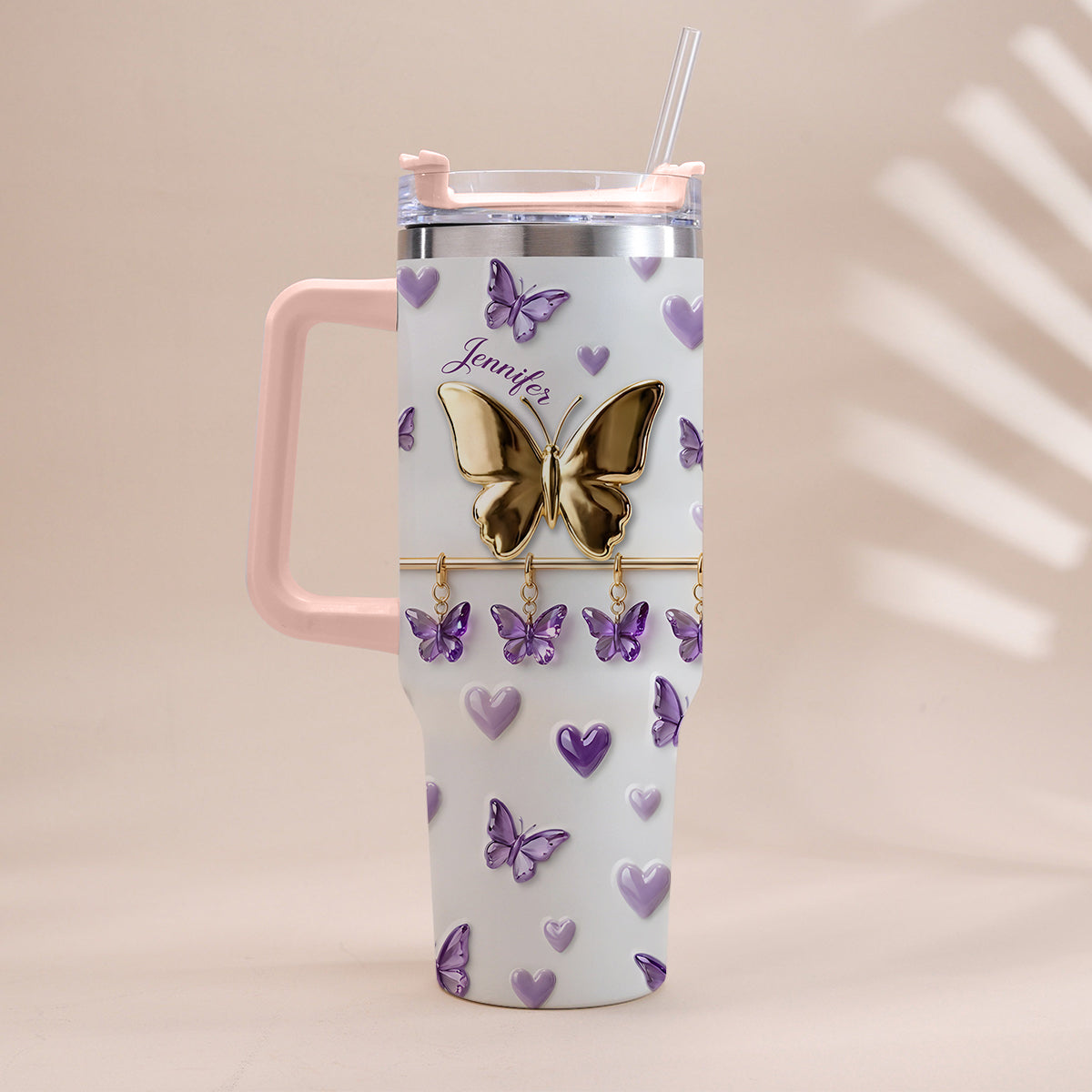 Love Butterfly - Personalized Butterfly Tumbler With Handle