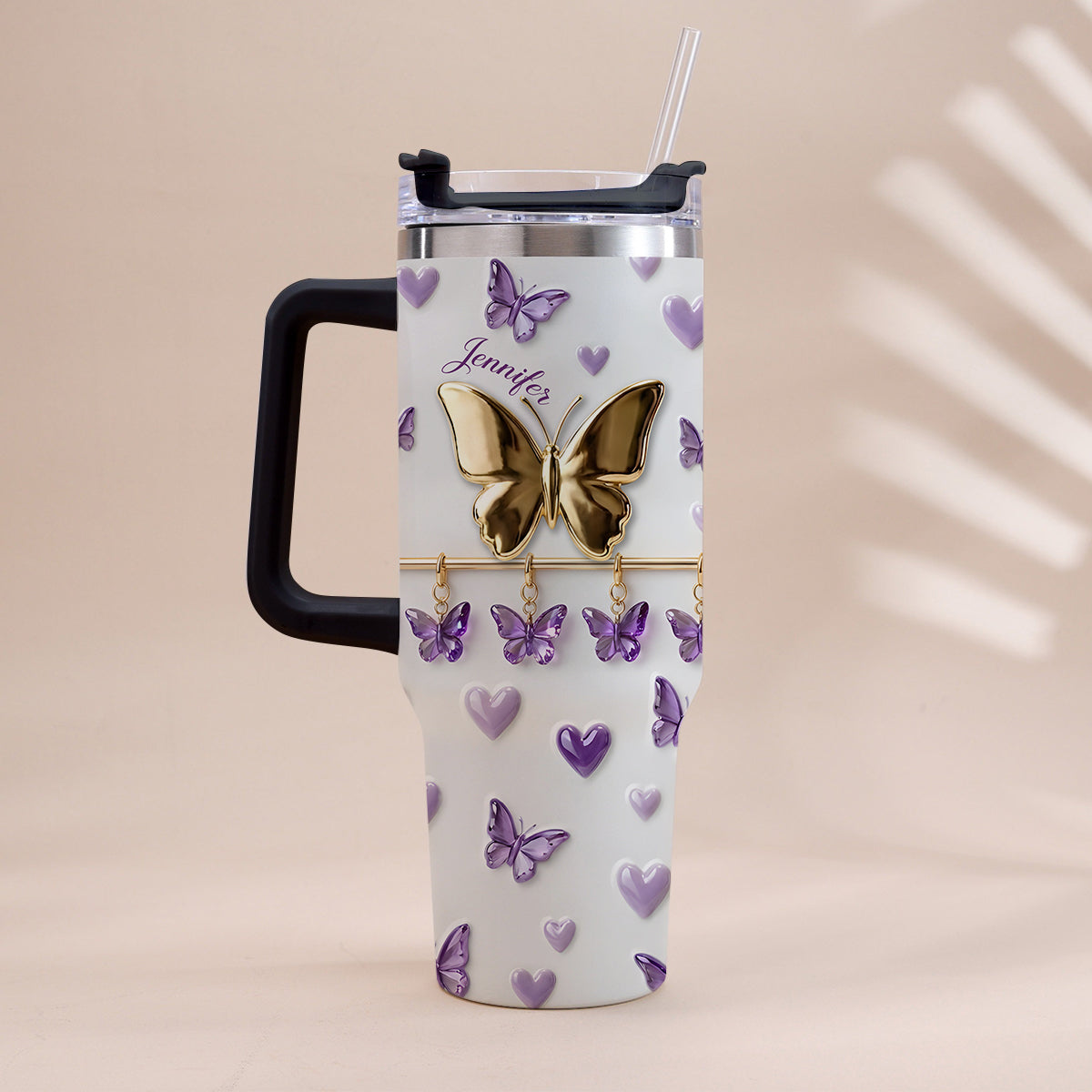 Love Butterfly - Personalized Butterfly Tumbler With Handle