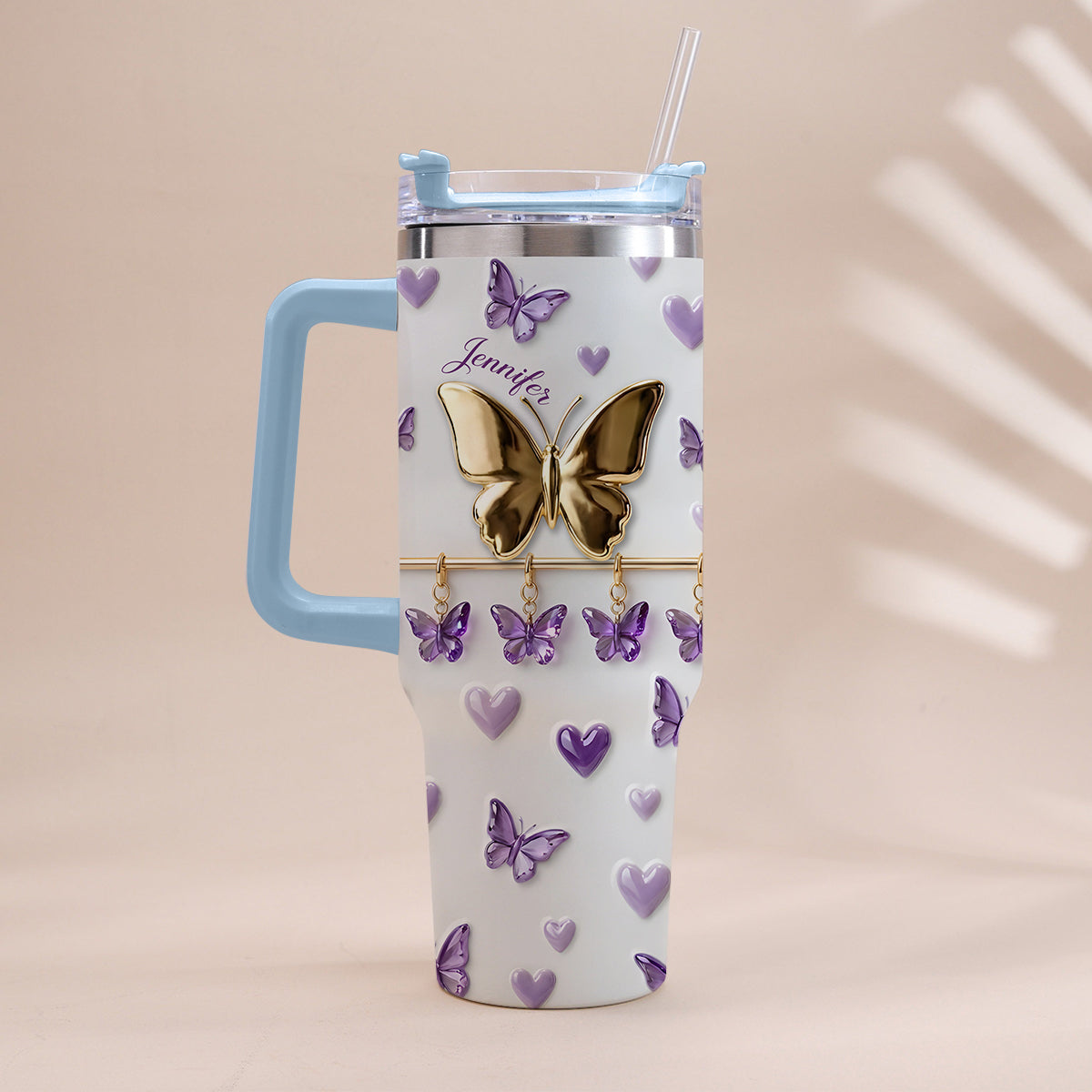Love Butterfly - Personalized Butterfly Tumbler With Handle