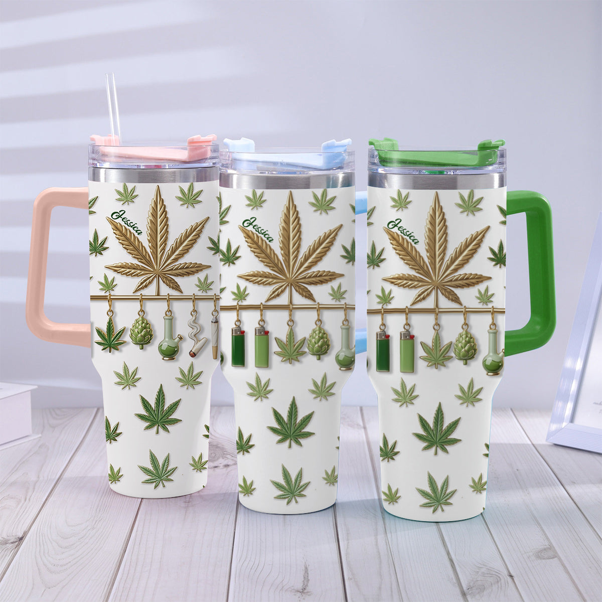 Green Magic Leaf – Personalisierter Weed-Becher mit Henkel