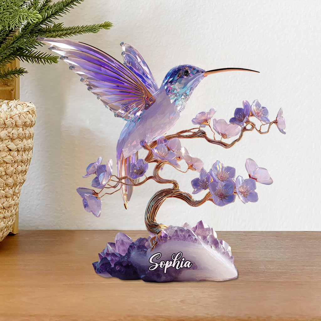 Atemberaubender Kolibri im Amethyst-Stil – personalisierte, individuell geformte Acrylplakette in Kolibriform