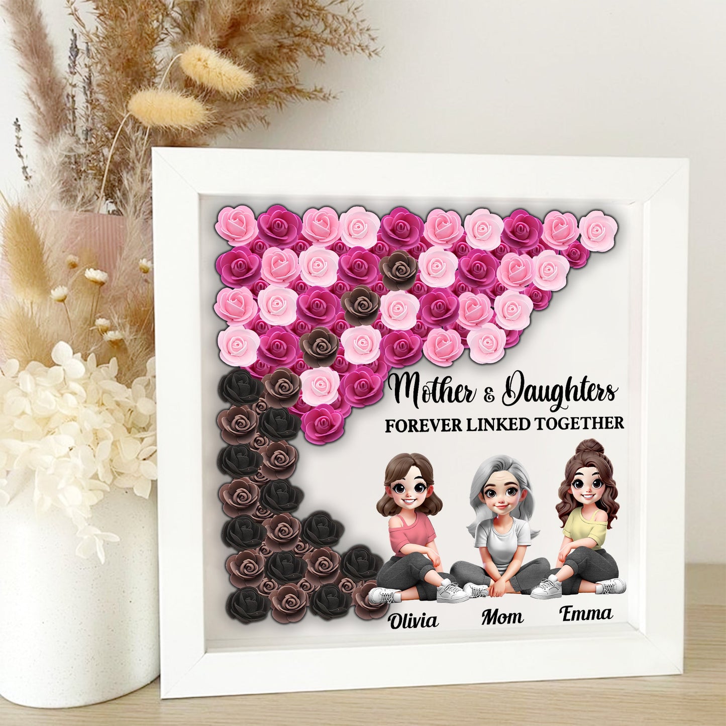 Mother and Daughter Forever Linked Together - Personalized Mother Custom Shaped Flower Shadow Box