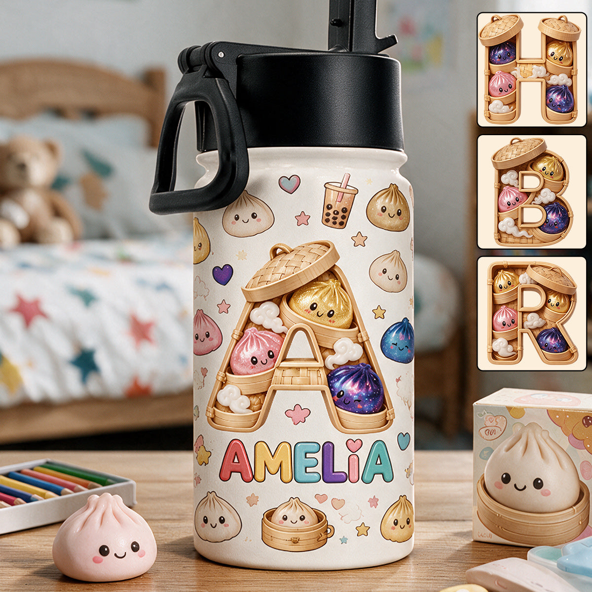 Niedliche & Lustige Dumpling-Alphabet für Kinder - Personalisierte Kinder-Wasserflasche
