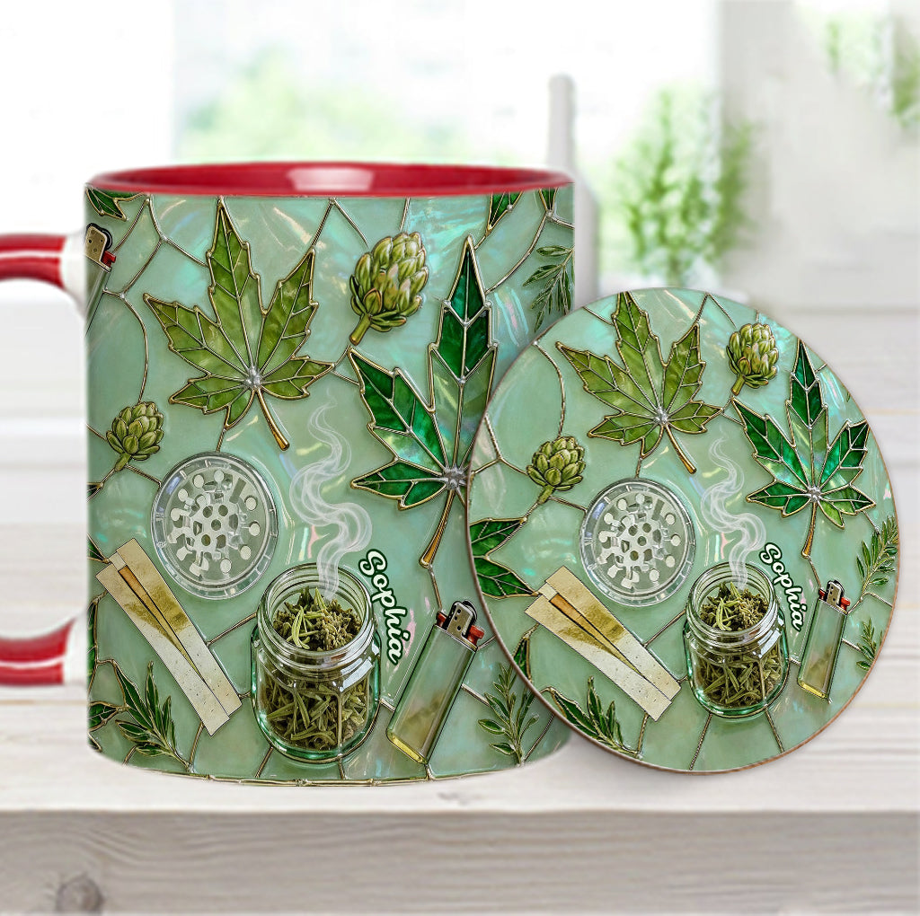 Grünes Zauberblatt – Personalisierte Tasse und Untersetzer mit Cannabis-Motiv