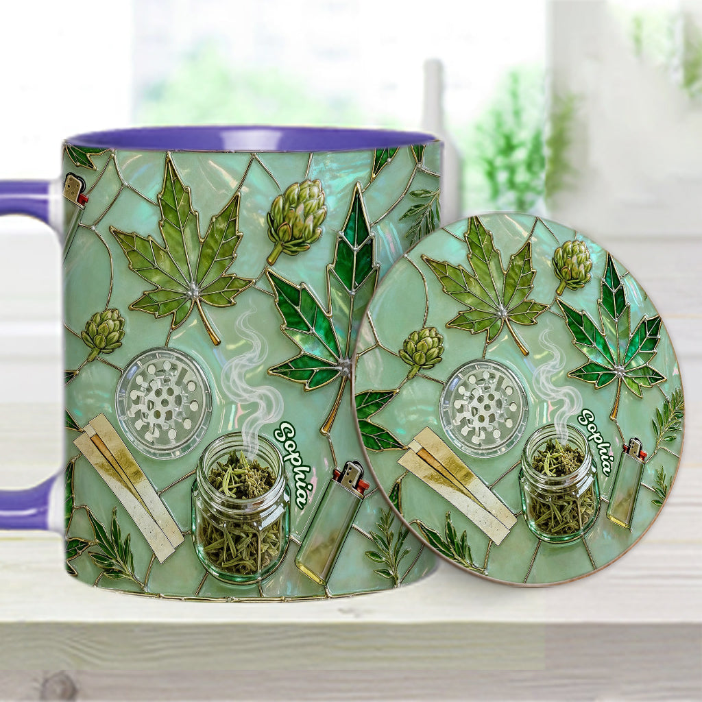Grünes Zauberblatt – Personalisierte Tasse und Untersetzer mit Cannabis-Motiv