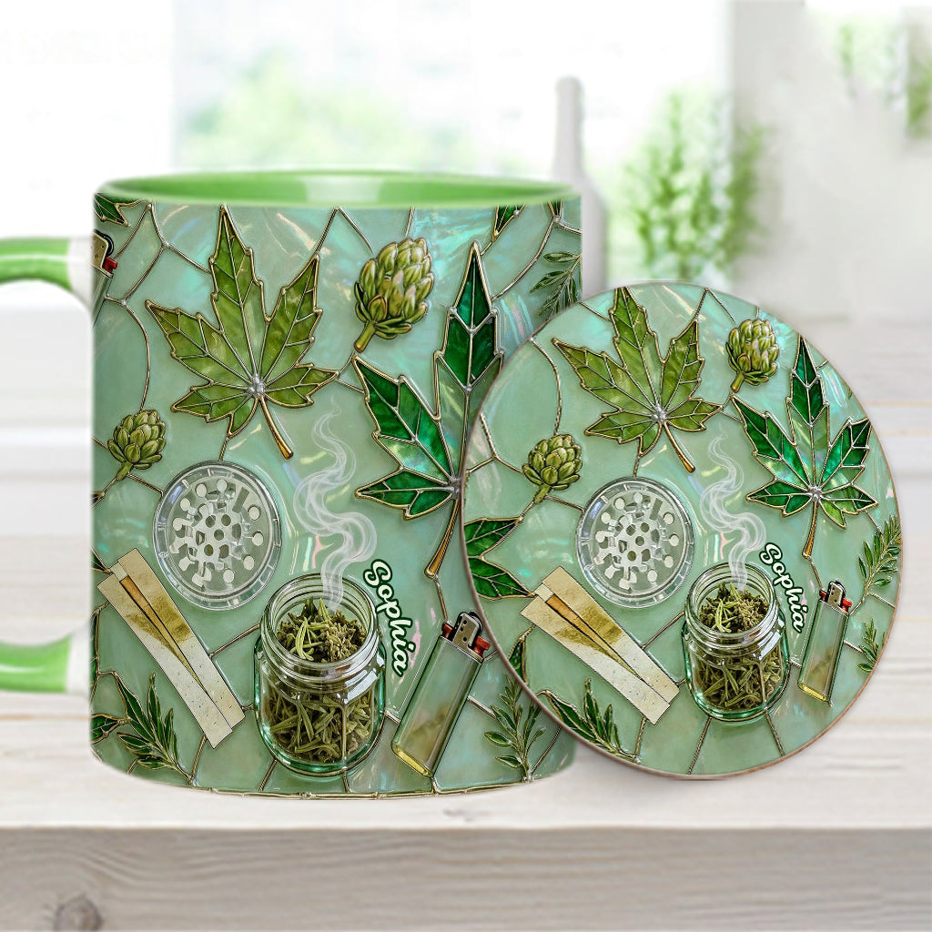Grünes Zauberblatt – Personalisierte Tasse und Untersetzer mit Cannabis-Motiv