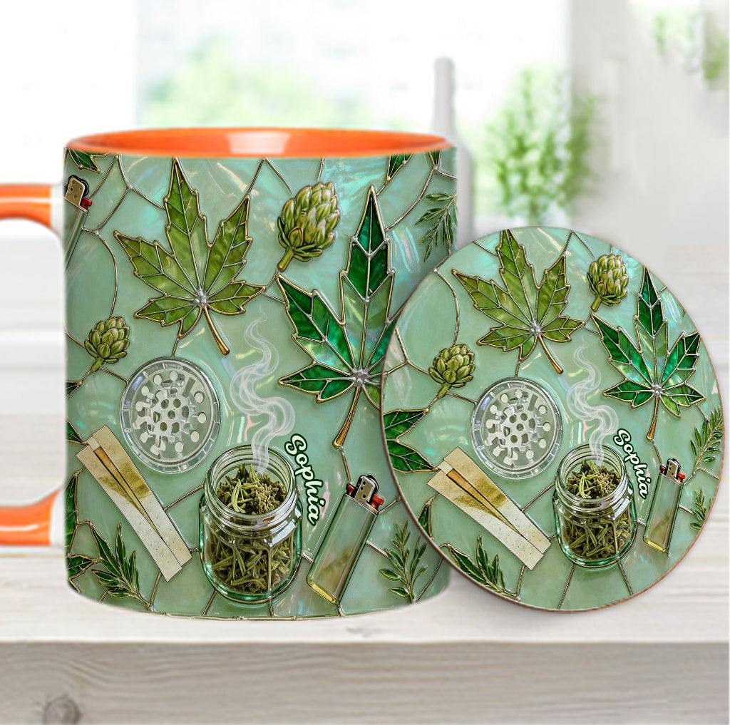 Grünes Zauberblatt – Personalisierte Tasse und Untersetzer mit Cannabis-Motiv