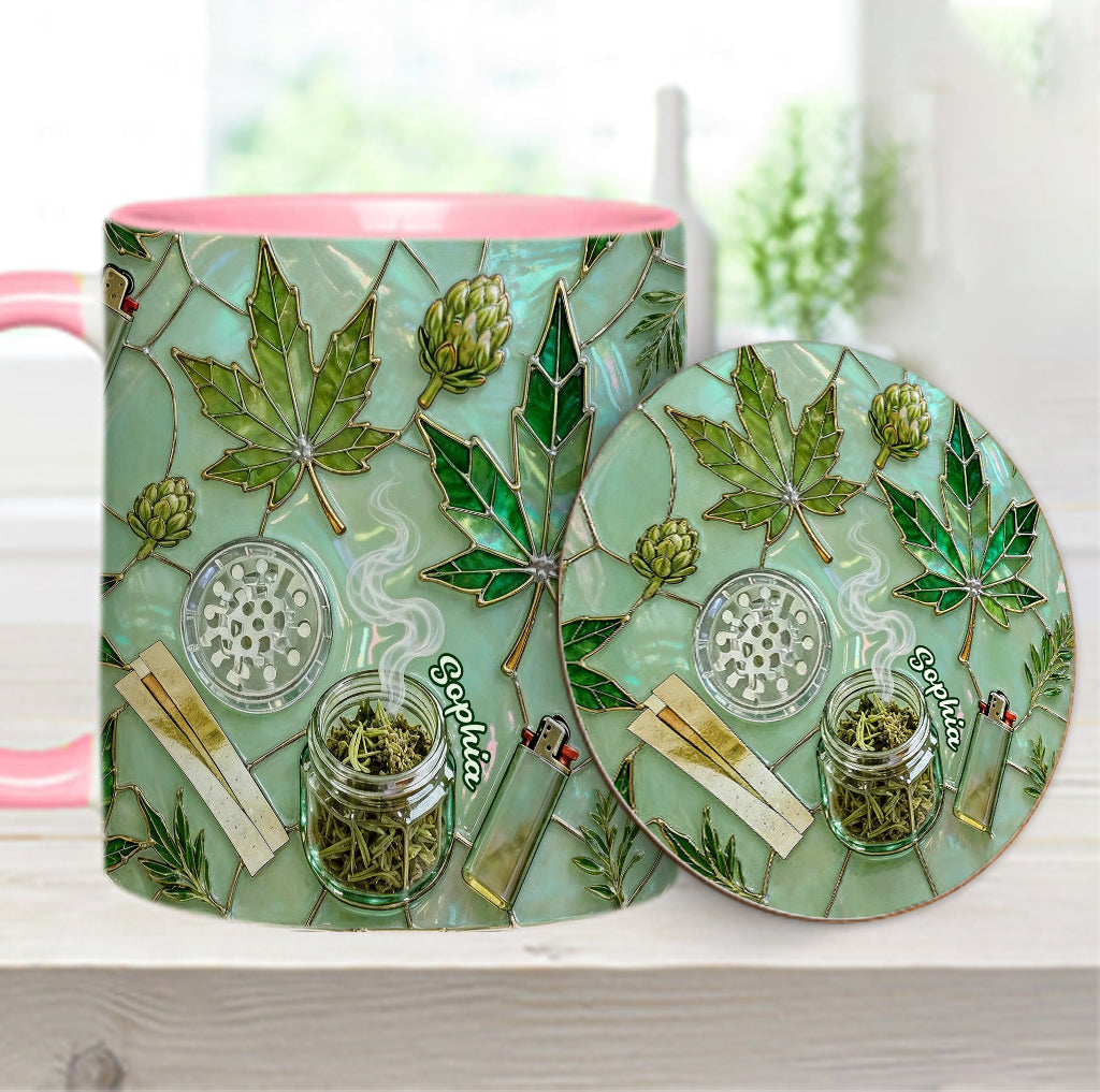 Grünes Zauberblatt – Personalisierte Tasse und Untersetzer mit Cannabis-Motiv
