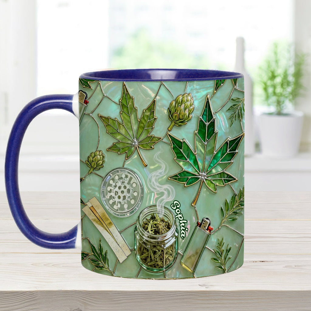 Grünes Zauberblatt – Personalisierte Tasse und Untersetzer mit Cannabis-Motiv