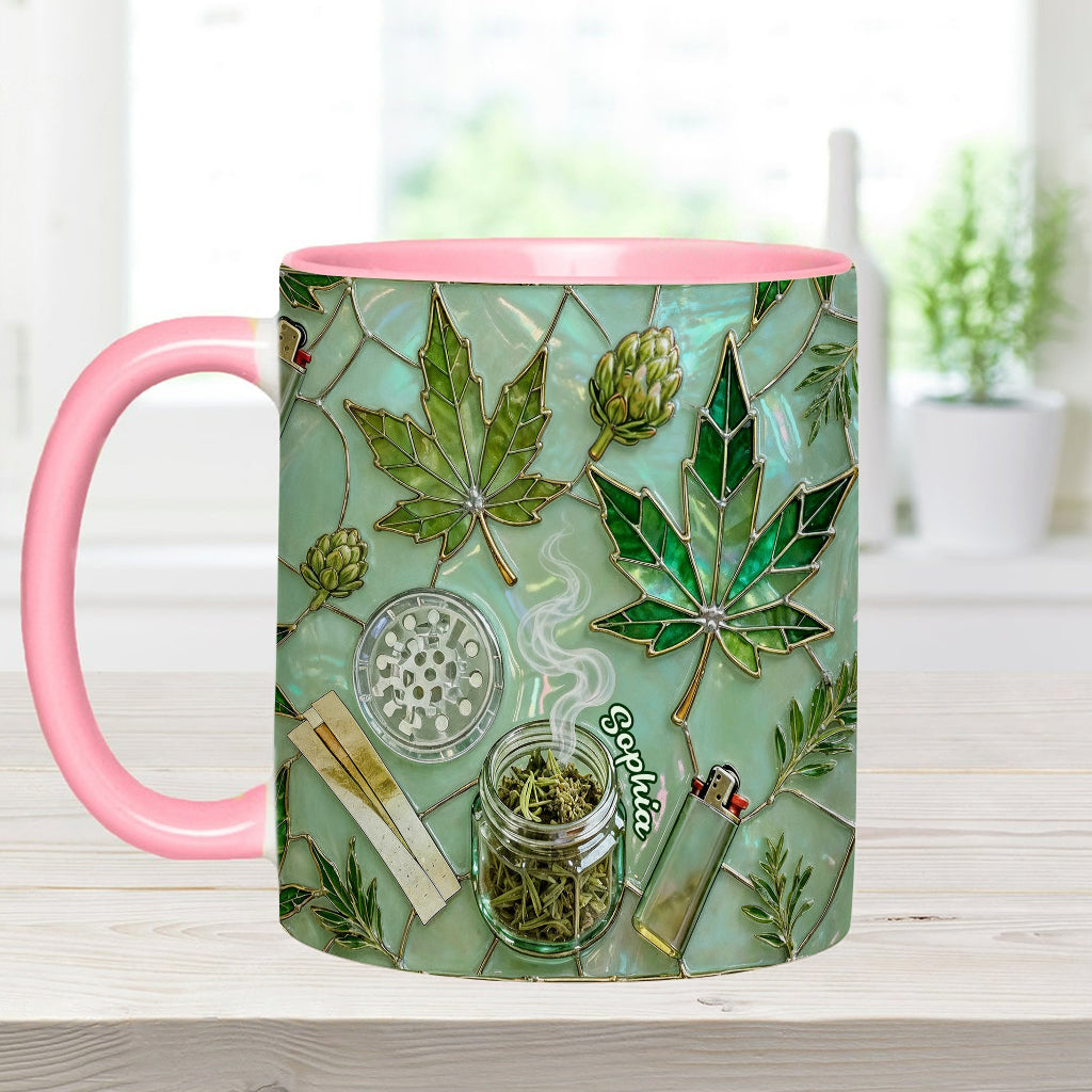 Grünes Zauberblatt – Personalisierte Tasse und Untersetzer mit Cannabis-Motiv