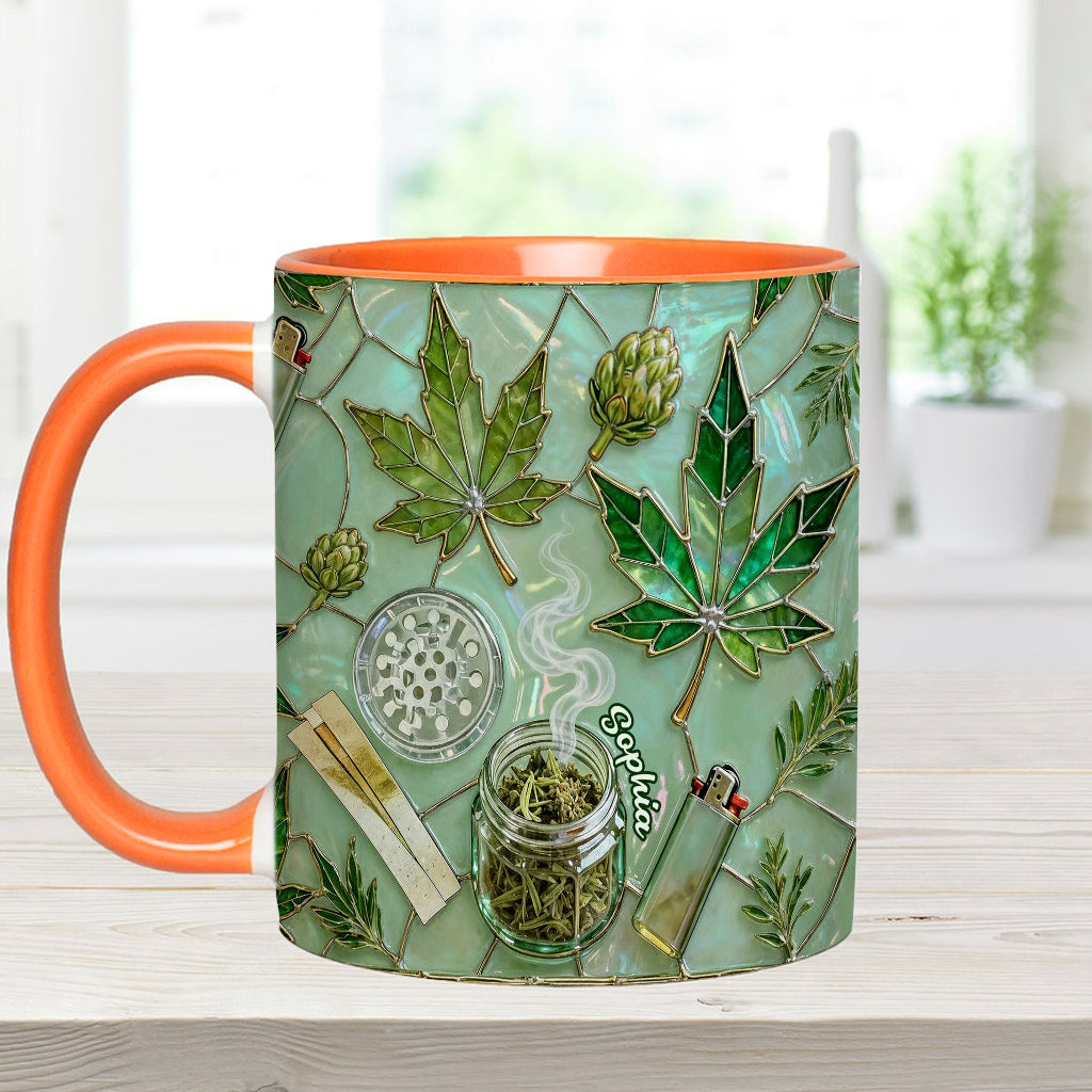 Grünes Zauberblatt – Personalisierte Tasse und Untersetzer mit Cannabis-Motiv