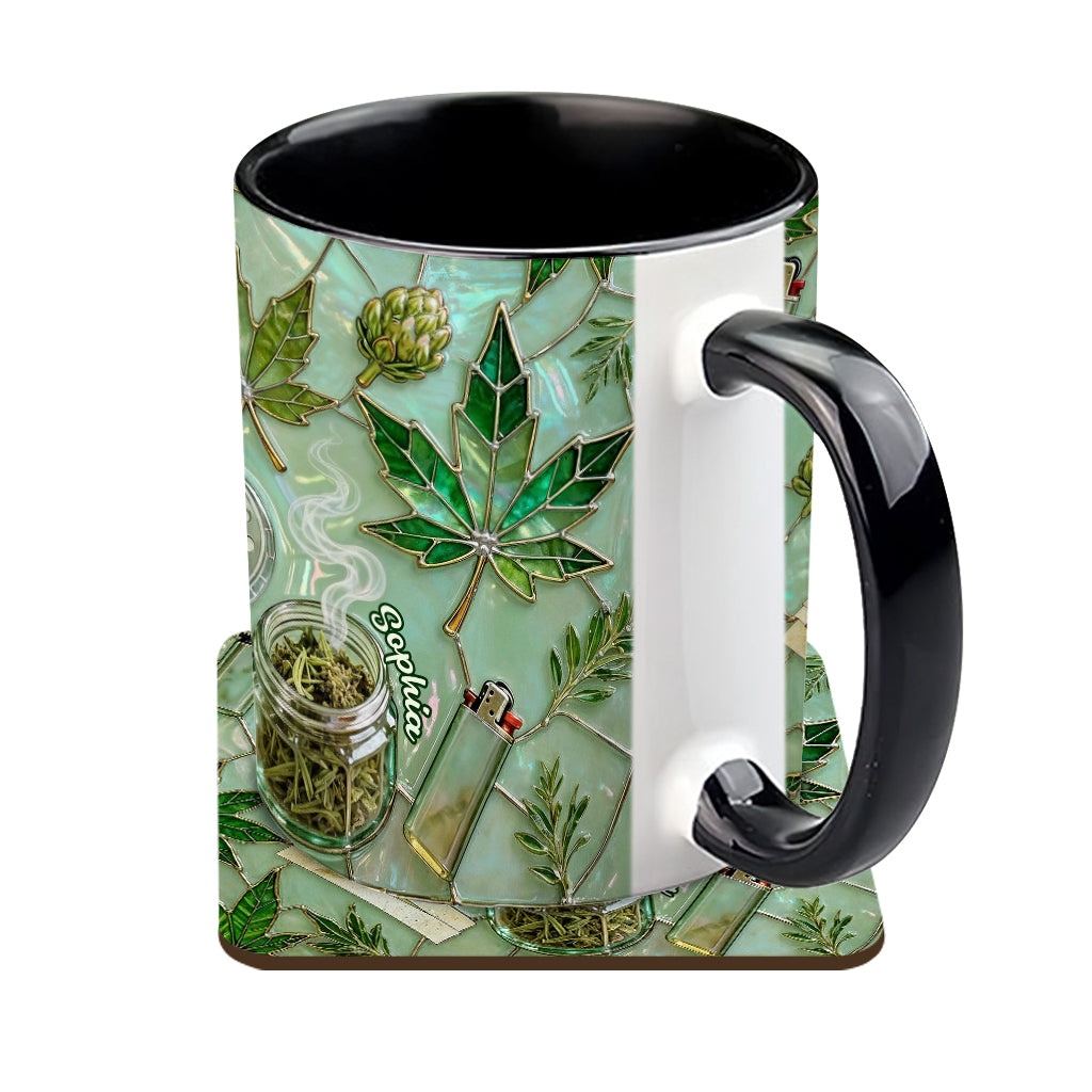 Grünes Zauberblatt – Personalisierte Tasse und Untersetzer mit Cannabis-Motiv