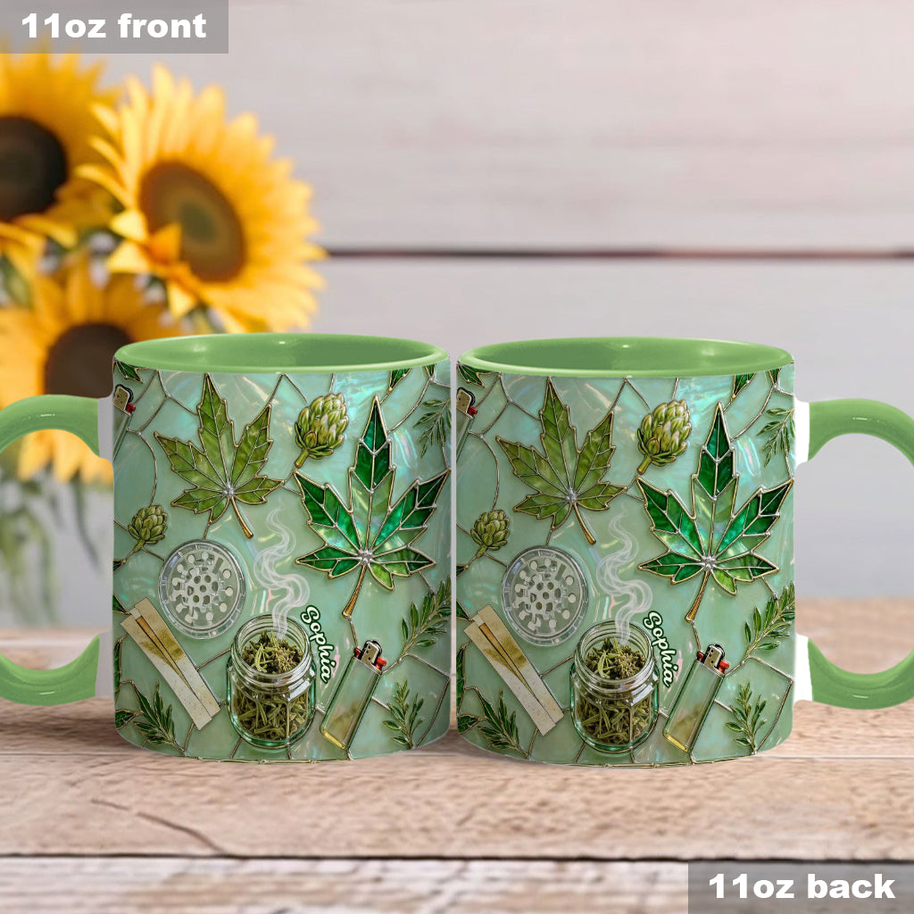 Grünes Zauberblatt – Personalisierte Tasse und Untersetzer mit Cannabis-Motiv