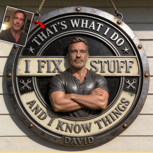 Individuell gestaltetes Schild „Ich repariere Dinge“ – nach Foto – personalisiertes Metallschild im Mechanikerstil