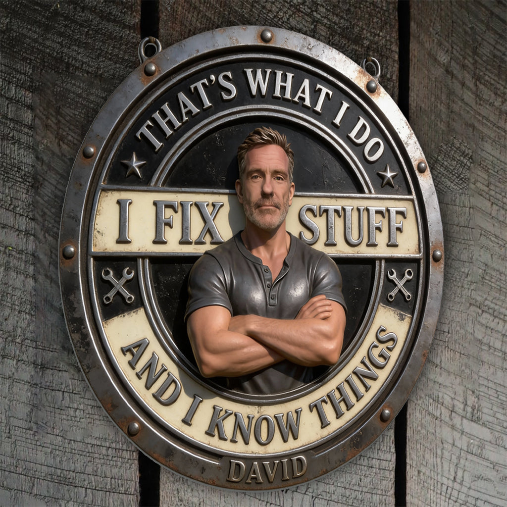 Individuell gestaltetes Schild „Ich repariere Dinge“ – nach Foto – personalisiertes Metallschild im Mechanikerstil