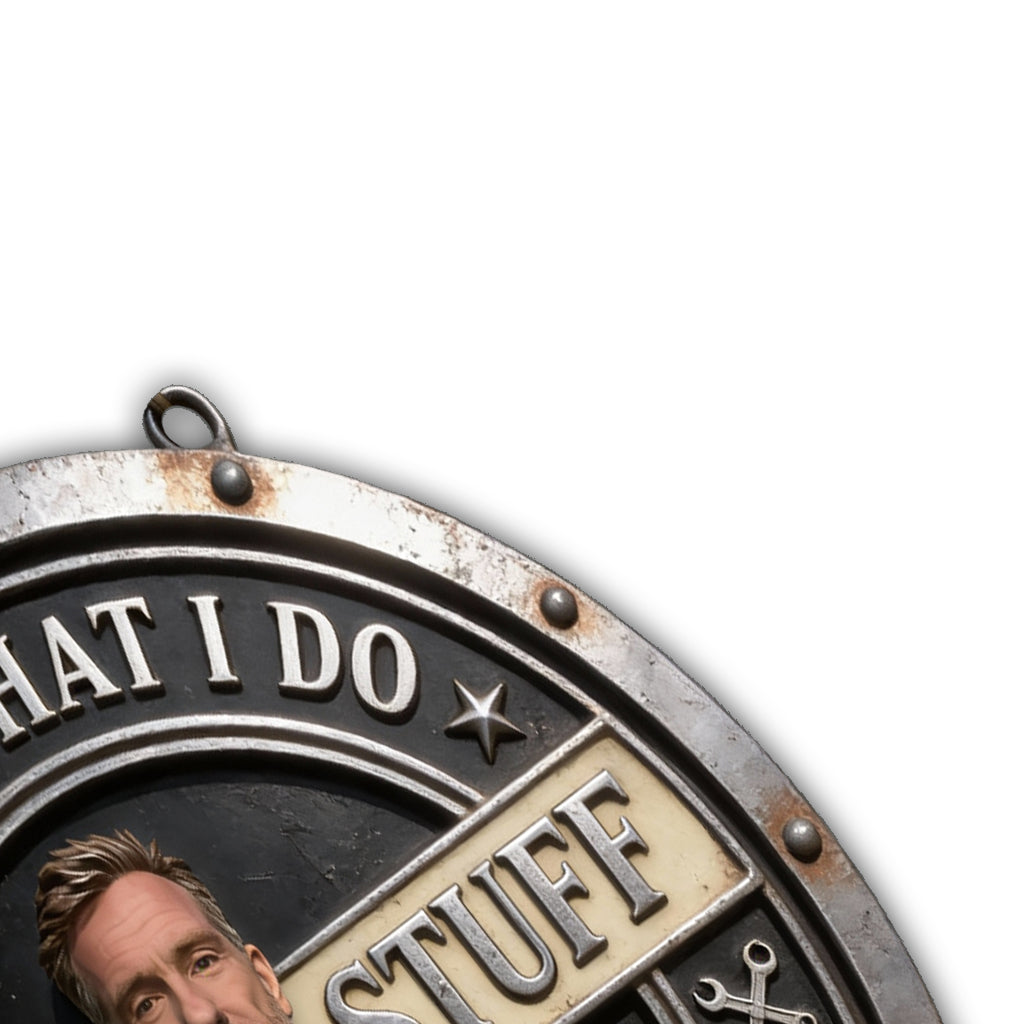 Individuell gestaltetes Schild „Ich repariere Dinge“ – nach Foto – personalisiertes Metallschild im Mechanikerstil