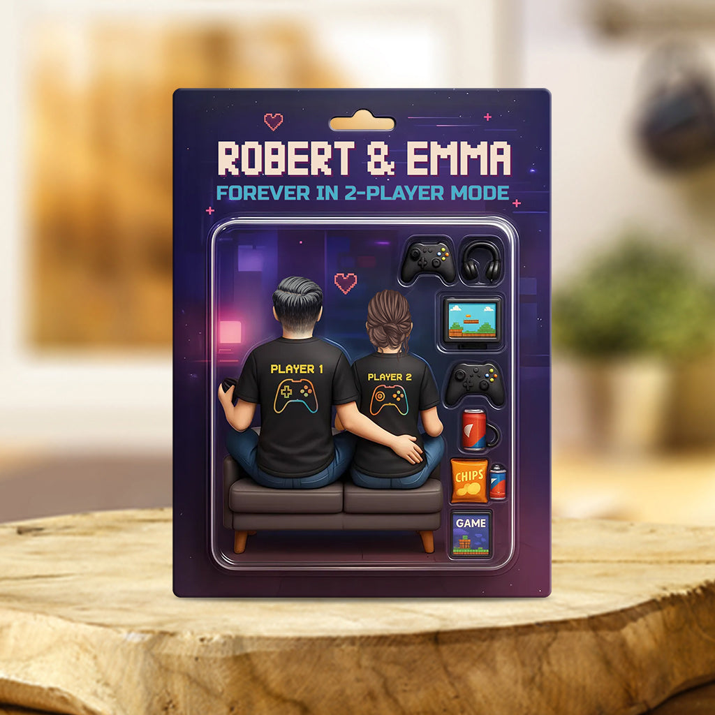 Spielfigurenpaar im Stil einer Spielzeugkiste – personalisierte Acrylplakette in individueller Form