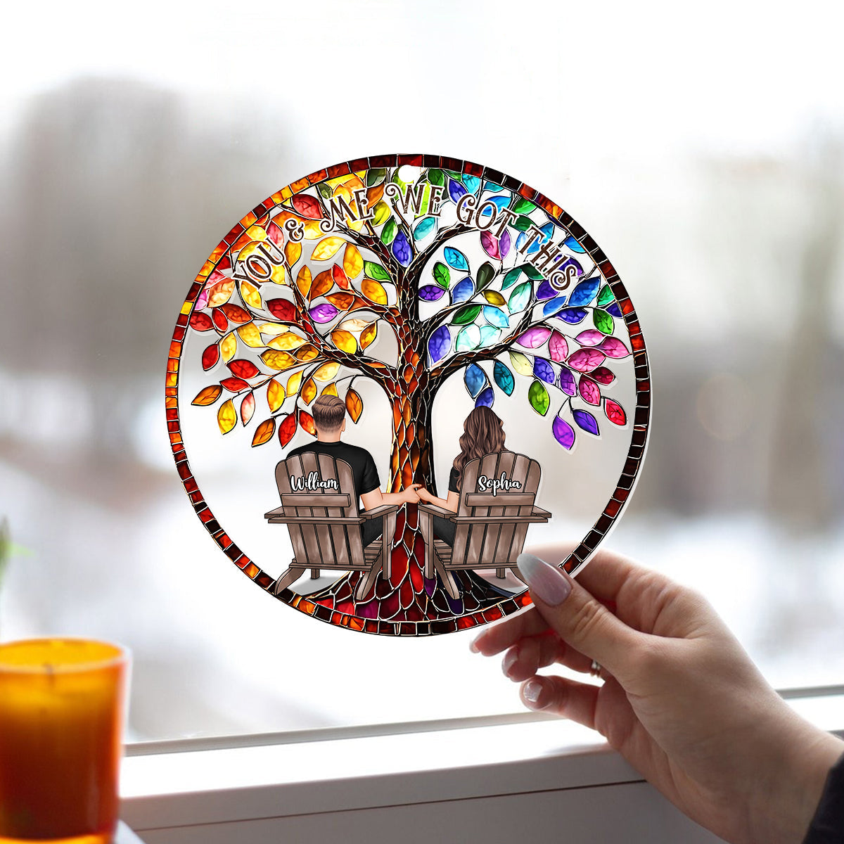 „Du und ich, wir schaffen das“ – Personalisierter Sonnenfänger für Paare zum Aufhängen am Fenster 